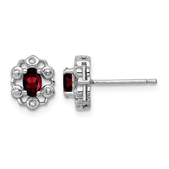 Sterling Silver Rhodium-Plated Garnet & Diamond Earrings Polished Oval Design - Birthstone Company