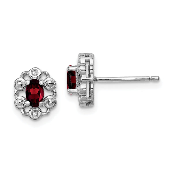 Sterling Silver Rhodium-Plated Garnet & Diamond Earrings Polished Oval Design