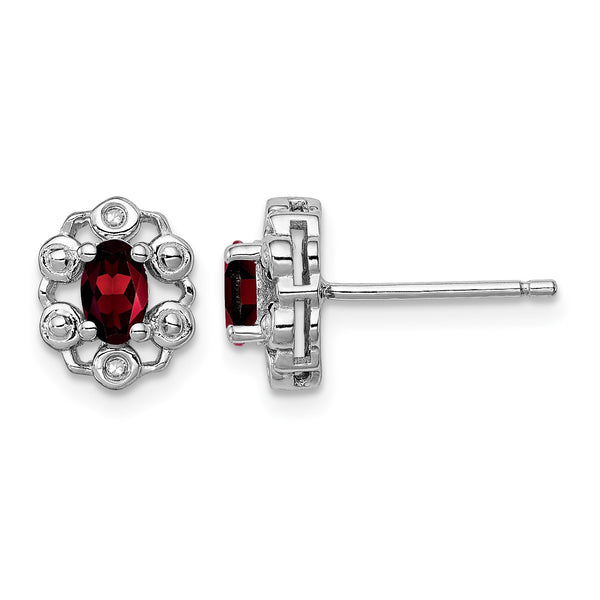Sterling Silver Rhodium-Plated Garnet & Diamond Earrings Polished Oval Design - Birthstone Company