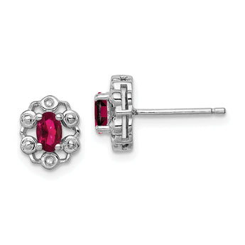 Sterling Silver Rhodium-Plated Ruby & Diamond Earrings Polished Button Style