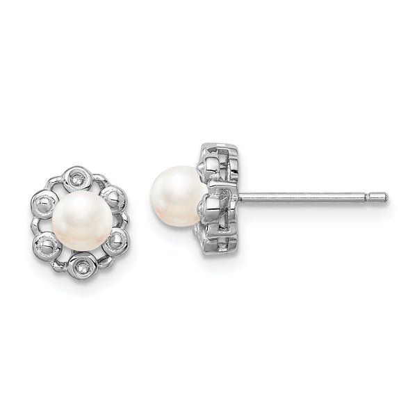 925 Sterling Silver Pearl & Diamond Button Earrings, Rhodium-Plated, Polished Finish
