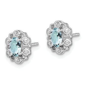 Sterling Silver Rhodium-Plated Aquamarine & Diamond Button Earrings Polished Oval Cut