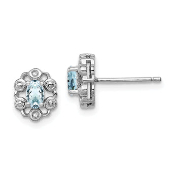 Sterling Silver Rhodium-Plated Aquamarine & Diamond Button Earrings Polished Oval Cut
