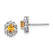 Sterling Silver 925 Citrine & Diamond Button Earrings Rhodium-Plated, Polished Finish
