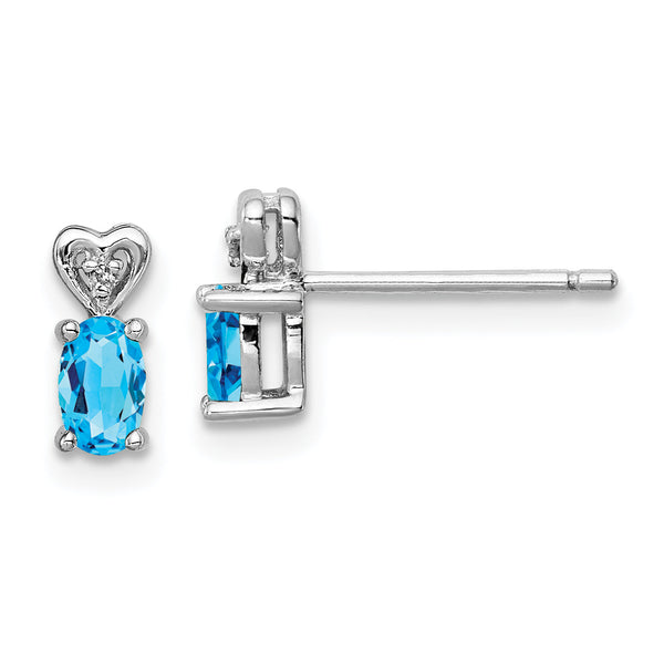 Sterling Silver Rhodium-Plated Swiss Blue Topaz & Diamond Earrings Elegant Button Style