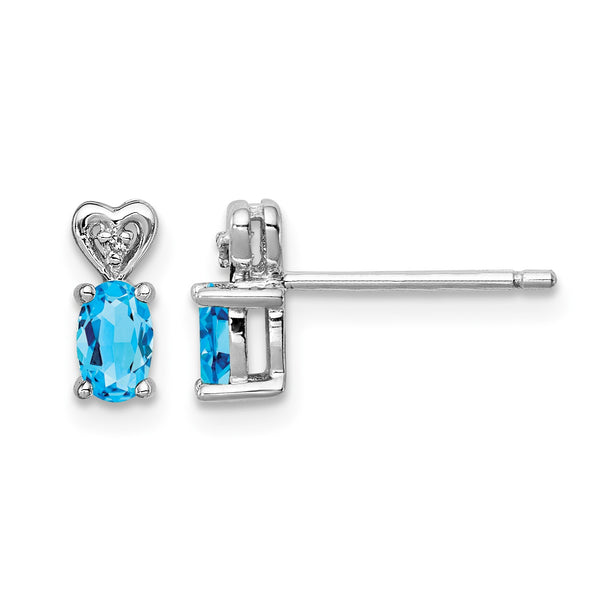 Sterling Silver Rhodium-Plated Swiss Blue Topaz & Diamond Earrings Elegant Button Style - Birthstone Company
