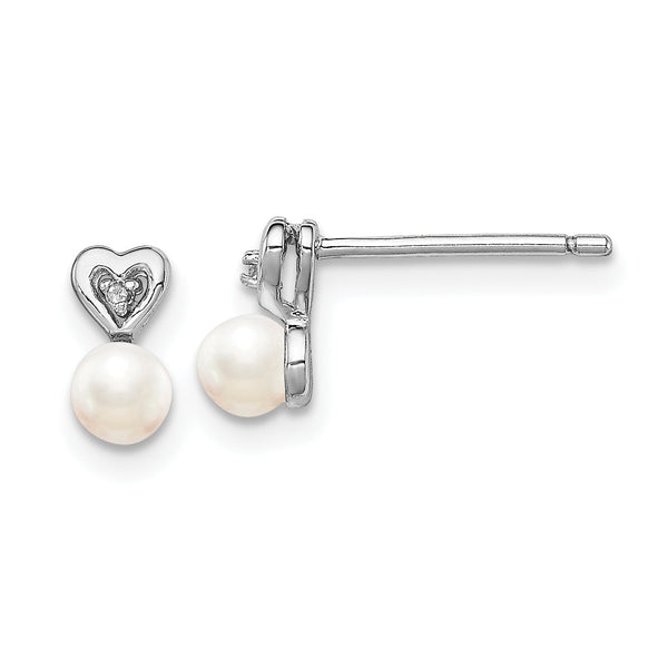 925 Sterling Silver Rhodium-Plated Pearl & Diamond Button Earrings