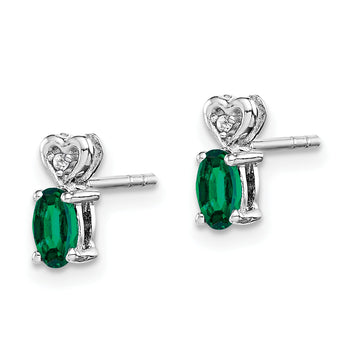 Sterling Silver Rhodium-Plated Emerald & Diamond Earrings Elegant Birthstone Design