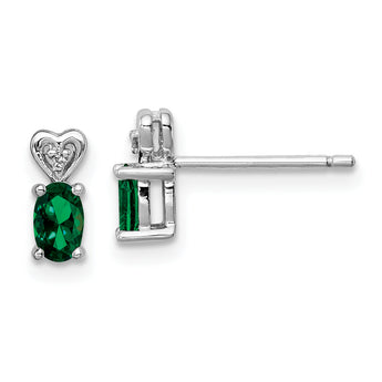 Sterling Silver Rhodium-Plated Emerald & Diamond Earrings Elegant Birthstone Design