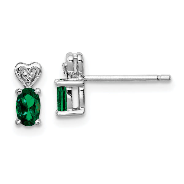 Sterling Silver Rhodium-Plated Emerald & Diamond Earrings Elegant Birthstone Design