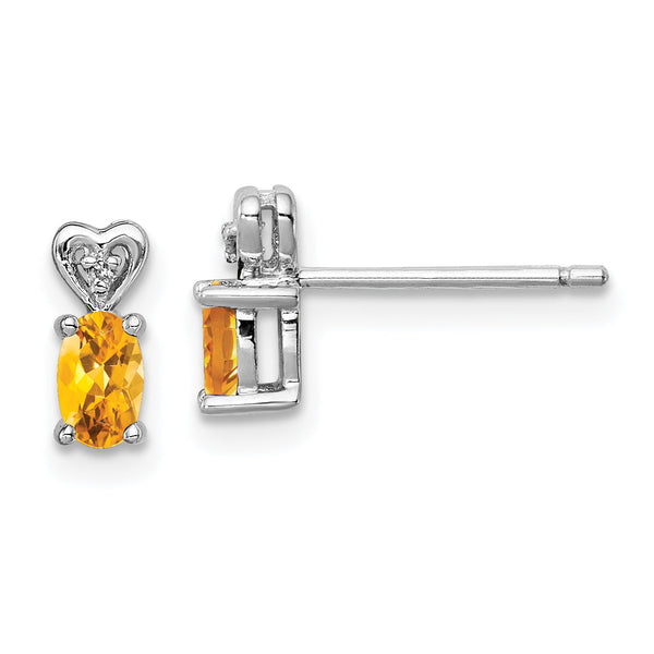Rhodium-Plated Sterling Silver Citrine & Diamond Button Earrings