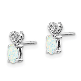 Sterling Silver Rhodium-Plated Opal & Diamond Earrings with Polished Finish - Birthstone Company