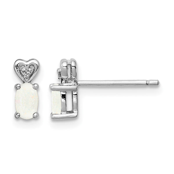 Sterling Silver Rhodium-Plated Opal & Diamond Earrings with Polished Finish - Birthstone Company