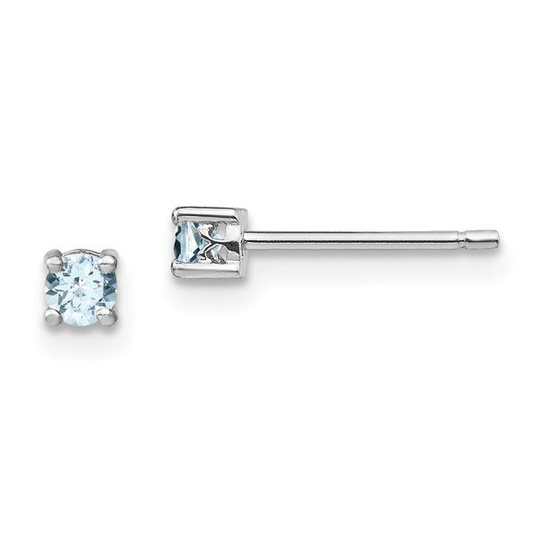 Sterling Silver 3mm Aquamarine Stud Earrings with Rhodium Finish March Birthstone