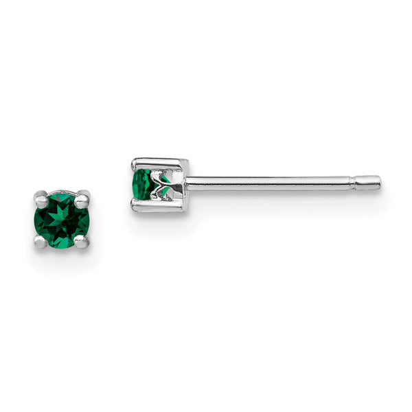 Sterling Silver 3mm Created Emerald Stud Earrings with Rhodium Finish
