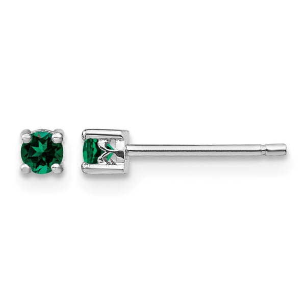Sterling Silver 3mm Created Emerald Stud Earrings with Rhodium Finish - Birthstone Company