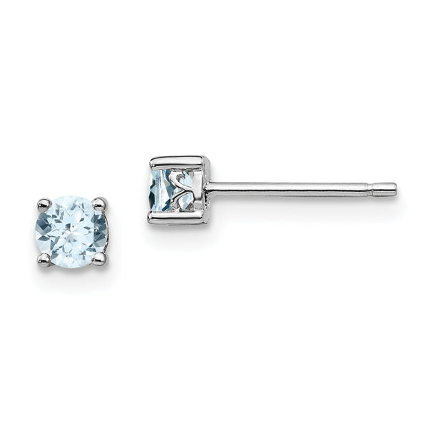 Sterling Silver 4mm Aquamarine Stud Earrings with Rhodium-Plated Finish