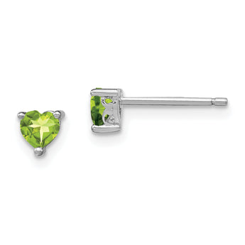 Sterling Silver 4mm Heart Peridot Stud Earrings with Rhodium Finish