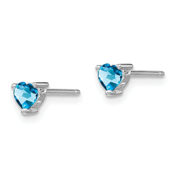 Sterling Silver Blue Topaz Heart Stud Earrings Polished, Rhodium-Plated, December Birthstone