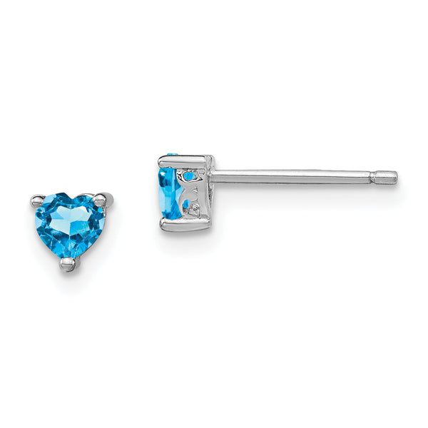 Sterling Silver Blue Topaz Heart Stud Earrings Polished, Rhodium-Plated, December Birthstone
