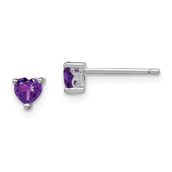 Sterling Silver 4mm Heart Amethyst Stud Earrings, Rhodium-Plated