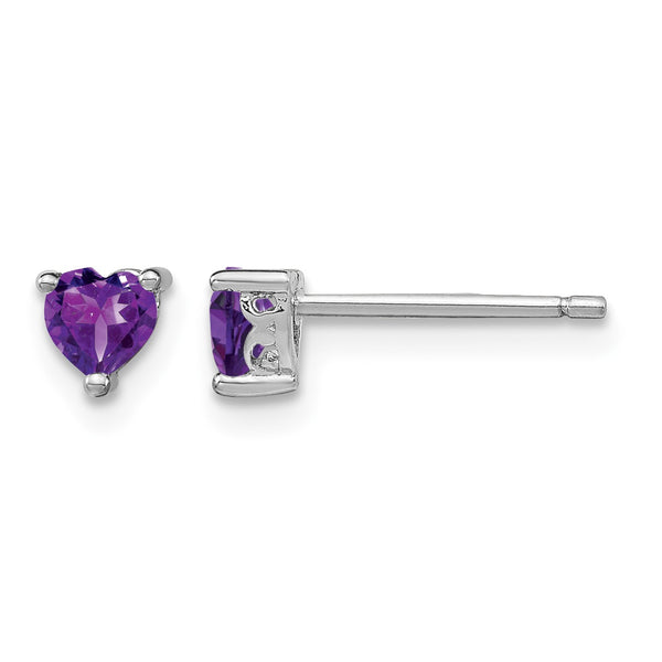 Sterling Silver 4mm Heart Amethyst Stud Earrings, Rhodium-Plated - Birthstone Company