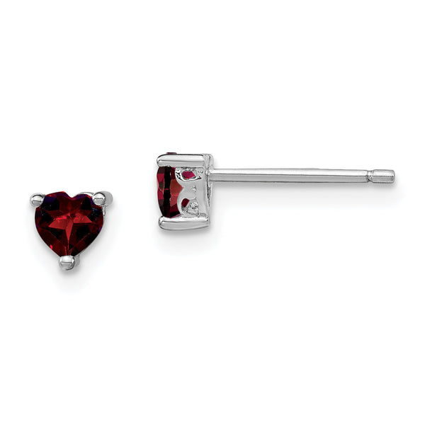 Sterling Silver 925 Garnet Heart Stud Earrings Rhodium-Plated Polished Finish