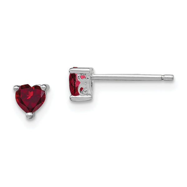 Sterling Silver 925 Heart Ruby Stud Earrings, Rhodium-Plated, Elegant Birthstone