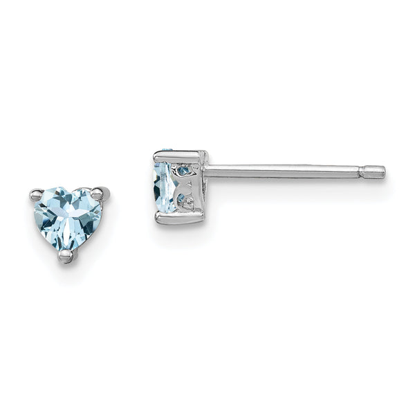 Sterling Silver Rhodium-Plated Aquamarine Heart Stud Earrings March Birthstone
