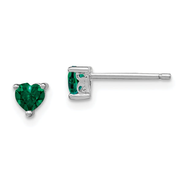 Sterling Silver 4mm Heart Lab-Created Emerald Stud Earrings Polished Finish