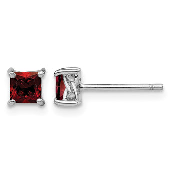 925 Sterling Silver Rhodium-Plated Garnet Stud Earrings 4mm Princess Cut - Birthstone Company
