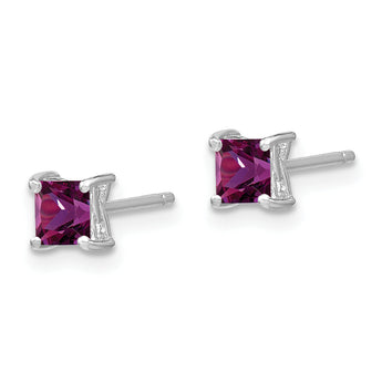 925 Sterling Silver Princess-Cut Ruby Stud Earrings, Rhodium Plated, Elegant Birthstone Design