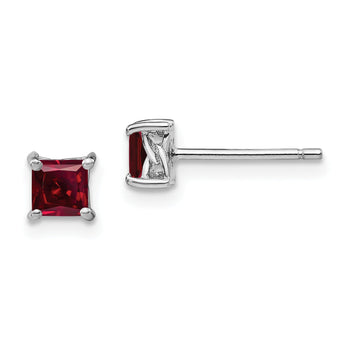 925 Sterling Silver Princess-Cut Ruby Stud Earrings, Rhodium Plated, Elegant Birthstone Design