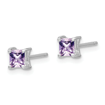 : Sterling Silver Rhodolite Garnet Princess-Cut Stud Earrings, Rhodium Plated