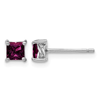 : Sterling Silver Rhodolite Garnet Princess-Cut Stud Earrings, Rhodium Plated - Birthstone Company