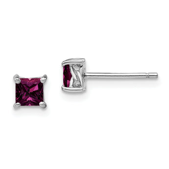 : Sterling Silver Rhodolite Garnet Princess-Cut Stud Earrings, Rhodium Plated
