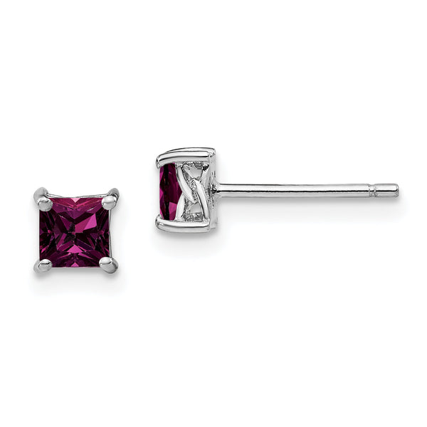 : Sterling Silver Rhodolite Garnet Princess-Cut Stud Earrings, Rhodium Plated