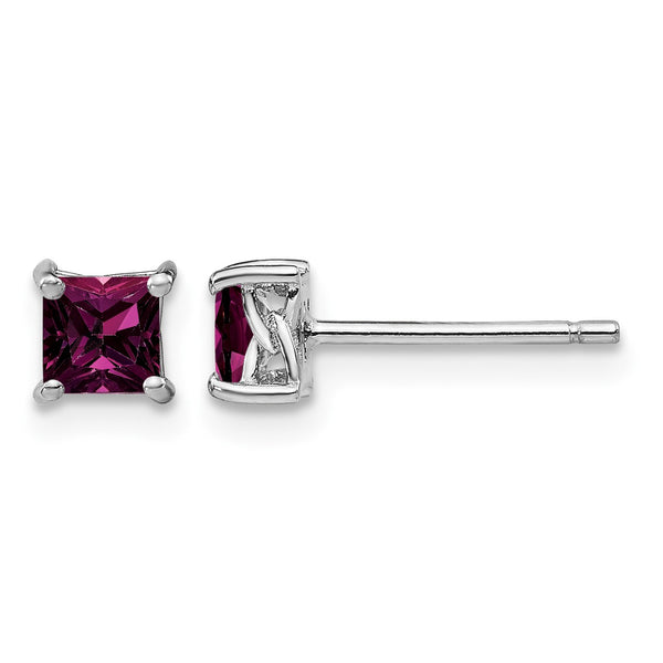 : Sterling Silver Rhodolite Garnet Princess-Cut Stud Earrings, Rhodium Plated - Birthstone Company