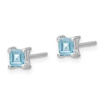 Sterling Silver 4mm Princess Aquamarine Stud Earrings Rhodium-Plated, Polished Finish