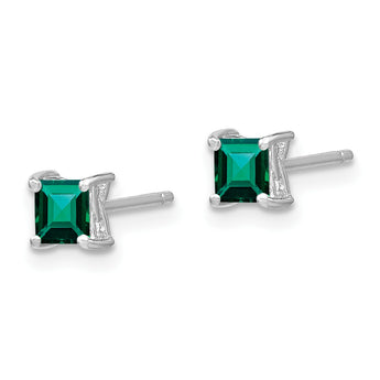 Sterling Silver 4mm Princess Cut Created Emerald Stud Earrings Polished & Rhodium-Plated - Birthstone Company