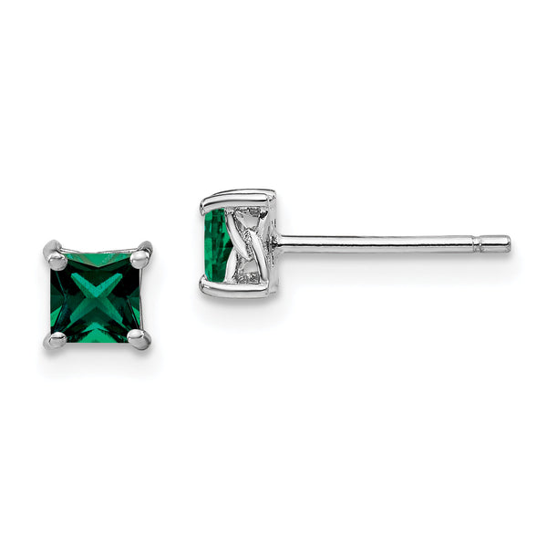 Sterling Silver 4mm Princess Cut Created Emerald Stud Earrings Polished & Rhodium-Plated