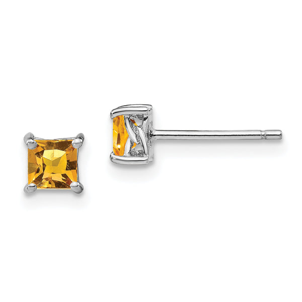 Sterling Silver 925 Princess Citrine Stud Earrings with Rhodium-Plated Finish