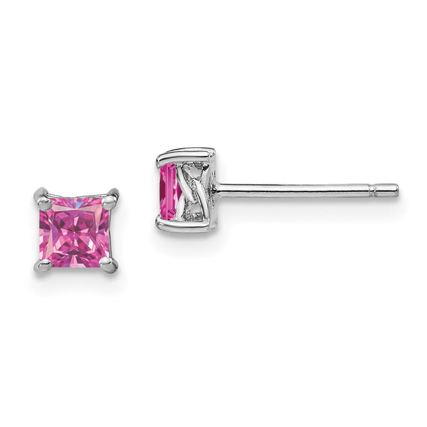 Sterling Silver 4mm Princess Cut Pink Sapphire Stud Earrings