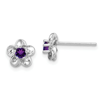 Sterling Silver 925 Floral Amethyst Post Earrings with Rhodium-Plated Finish