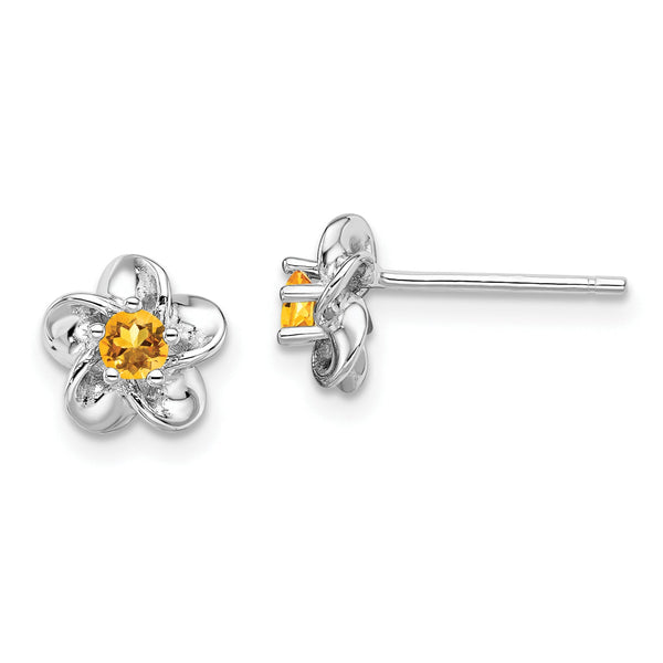 Sterling Silver Rhodium-Plated Citrine Earrings with Polished Floral Design