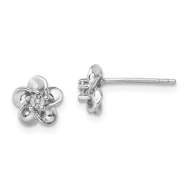 Sterling Silver Floral Diamond Post Earrings Polished & Lightweight