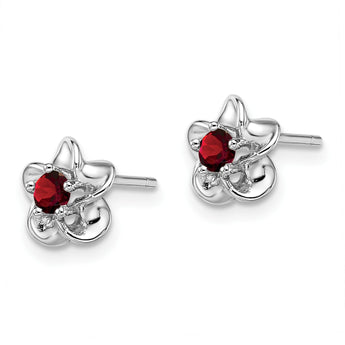 Sterling Silver Rhodium-Plated Garnet Floral Earrings with Polished Finish - Birthstone Company