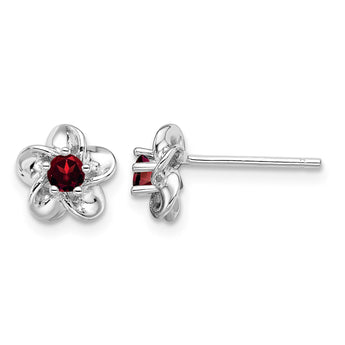 Sterling Silver Rhodium-Plated Garnet Floral Earrings with Polished Finish - Birthstone Company
