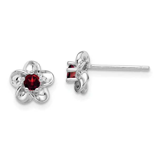 Sterling Silver Rhodium-Plated Garnet Floral Earrings with Polished Finish