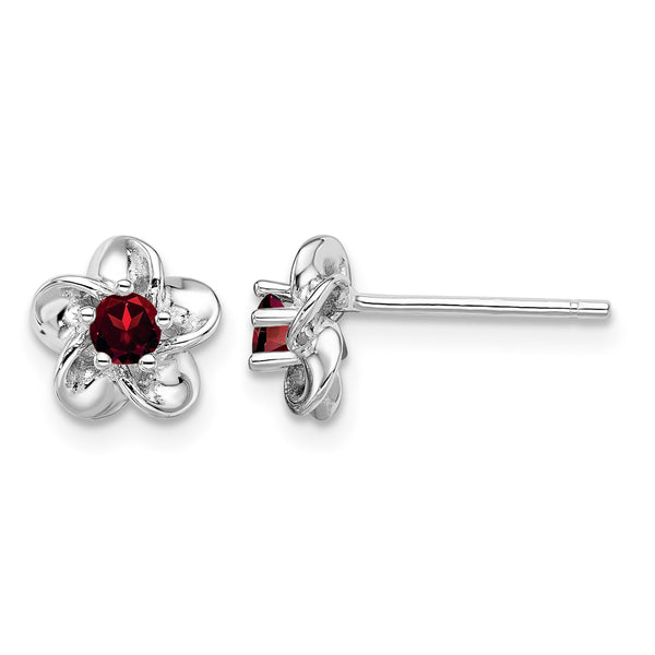Sterling Silver Rhodium-Plated Garnet Floral Earrings with Polished Finish - Birthstone Company